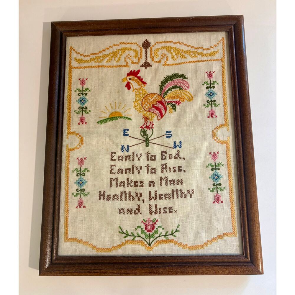 Vintage Early to Bed Early to Rise Poem Cross Stitch with Rooster Weathervane